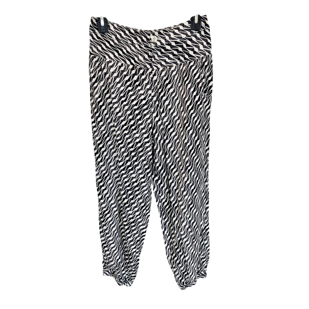 Anthropologie Linen Blend Jogger Pants Black White Zigzag Print High Rise Size 2
